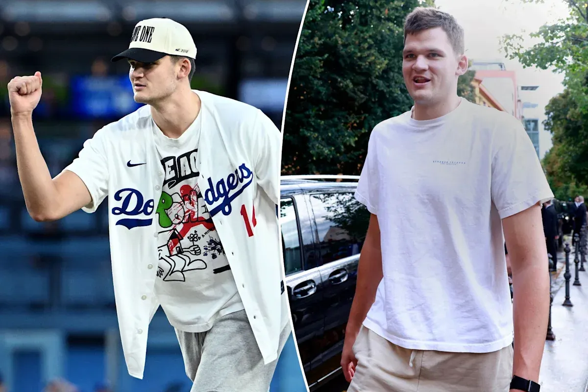 Walker Kessler in a Dodgers jersey at a first pitch and at Lakers camp in Slovenia
