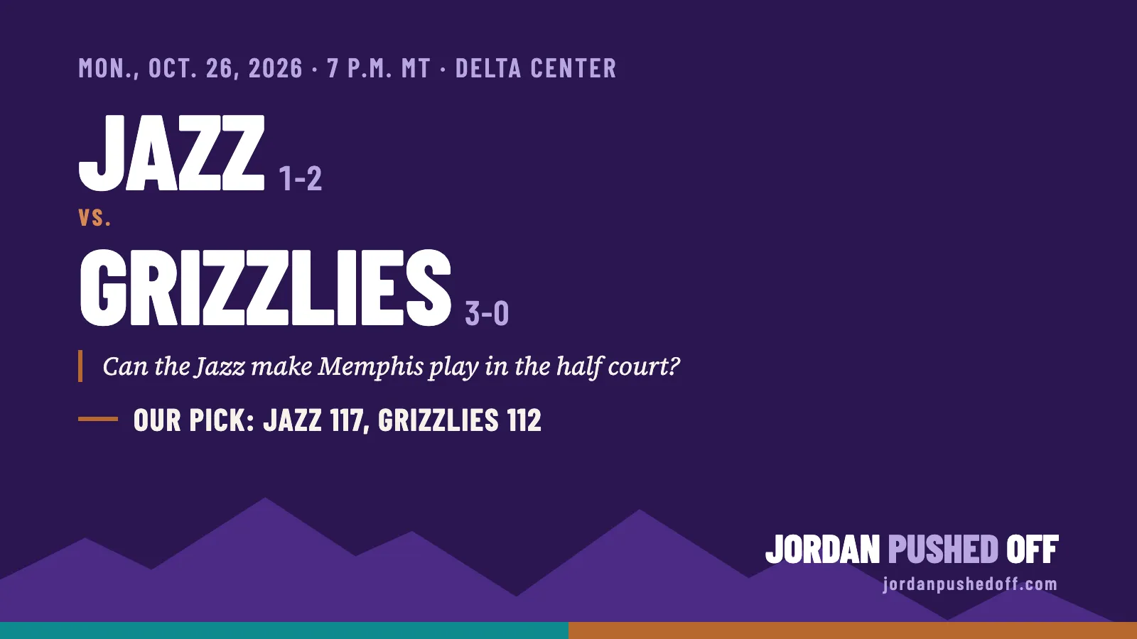 Game preview graphic: Jazz (1-2) vs. Grizzlies (3-0), Monday, Oct. 26, 2026, 7 p.m. MT at the Delta Center. The question: can the Jazz make Memphis play in the half court? Our pick: Jazz 117, Grizzlies 112.