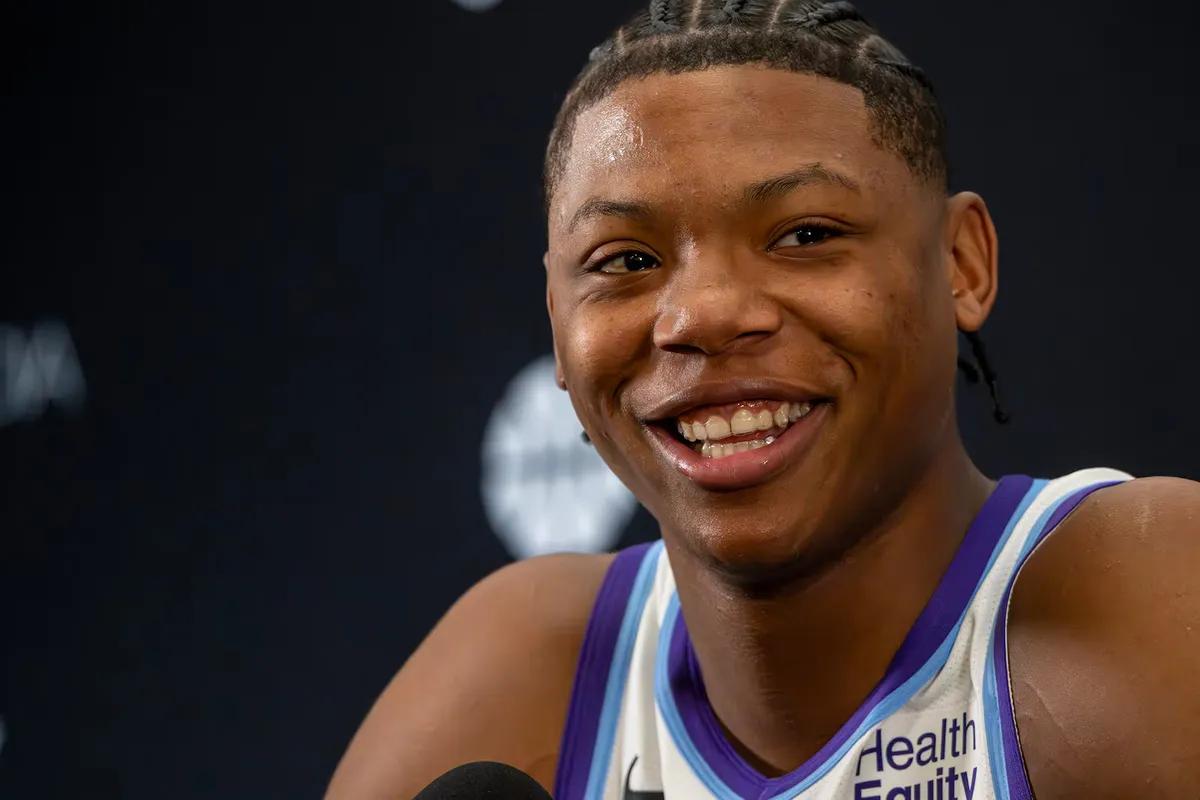 Utah Jazz forward Ace Bailey answering questions at 2026 media day