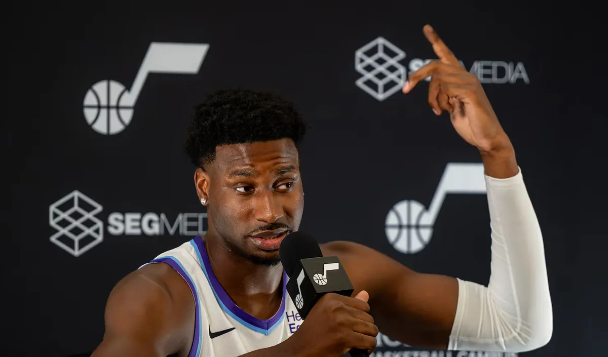 Utah Jazz forward Jaren Jackson Jr. answering questions at 2026 media day