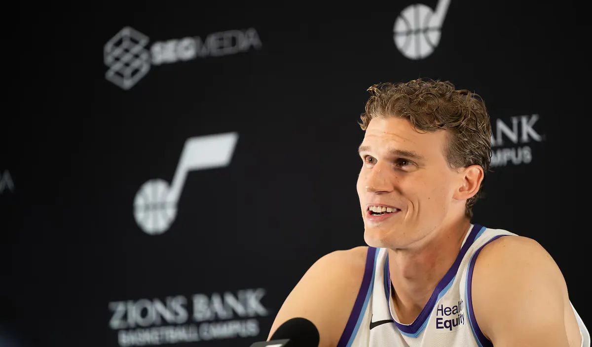 Utah Jazz forward Lauri Markkanen answering questions at 2026 media day
