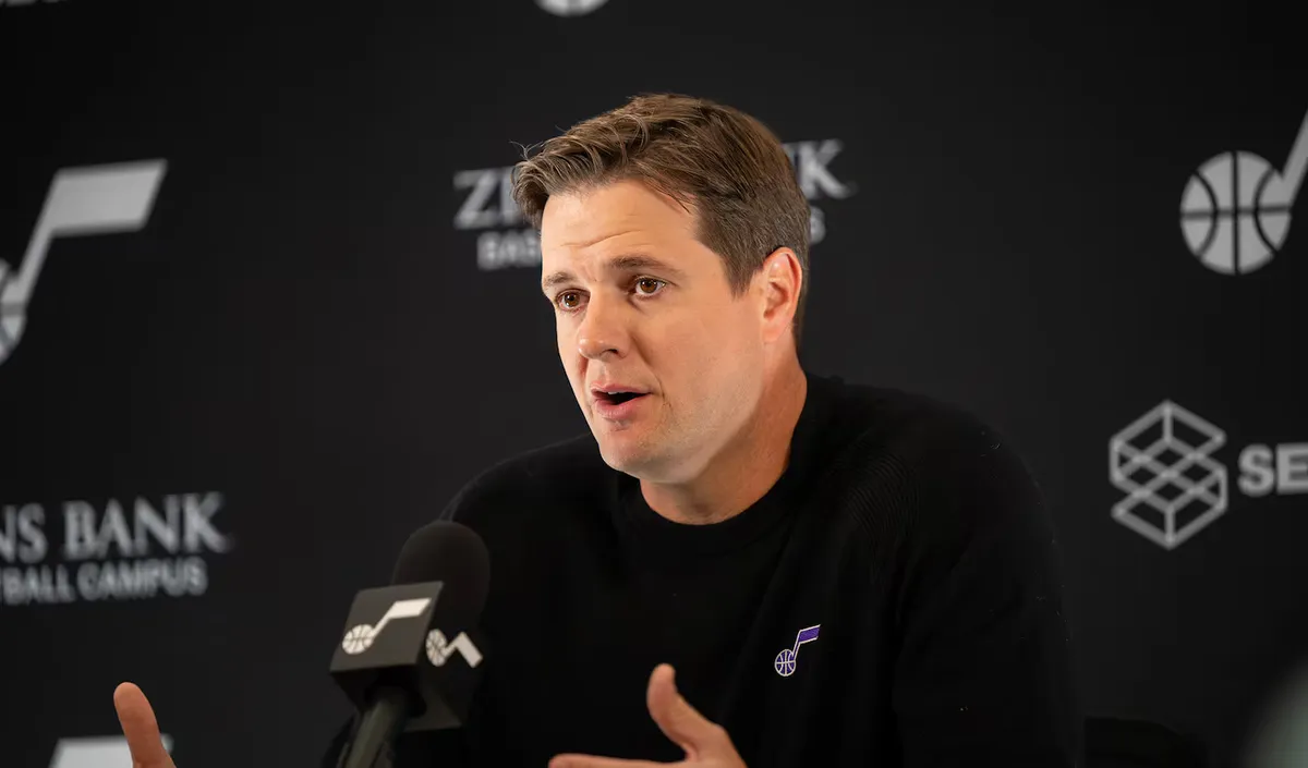 Utah Jazz head coach Will Hardy addressing the media at 2026 media day