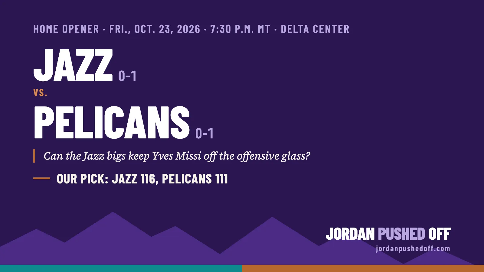 Game preview graphic: Jazz (0-1) vs. Pelicans (0-1), home opener, Friday, Oct. 23, 2026, 7:30 p.m. MT at the Delta Center. The question: can the Jazz bigs keep Yves Missi off the offensive glass? Our pick: Jazz 116, Pelicans 111.